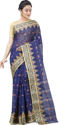 DipDiya Temple Border Tant Pure Cotton Saree(Dark Blue)