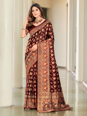 Sariya Woven Banarasi Satin, Jacquard Saree(Maroon)