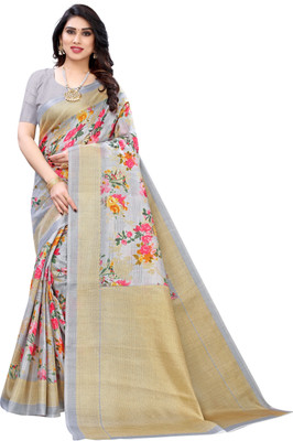 Grubstaker Printed Mysore Art Silk Saree(Grey)