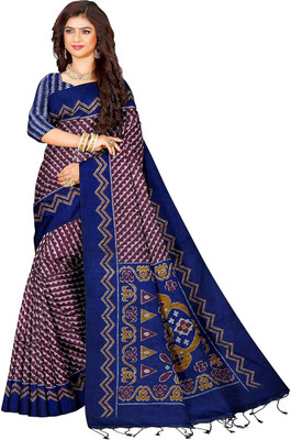 Joyguru Printed Handloom Cotton Blend Saree(Blue)