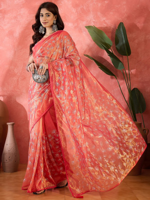 ShopGlobal Embroidered Banarasi Net Saree(Orange)