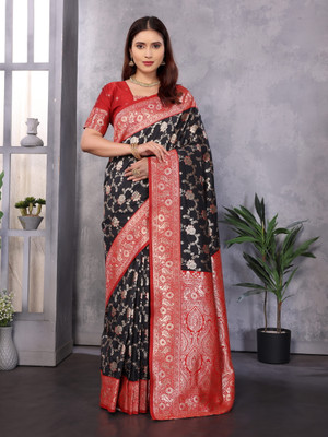 SKJ Creation Woven, Self Design Banarasi Pure Silk Saree(Black)