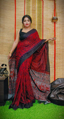 Shrutisareeghar Printed Handloom Cotton Blend Saree(Red)