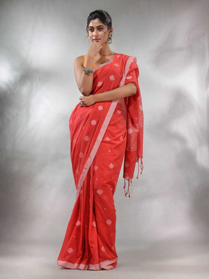 SAYAN CREATION Self Design Handloom Pure Cotton Saree(Red)