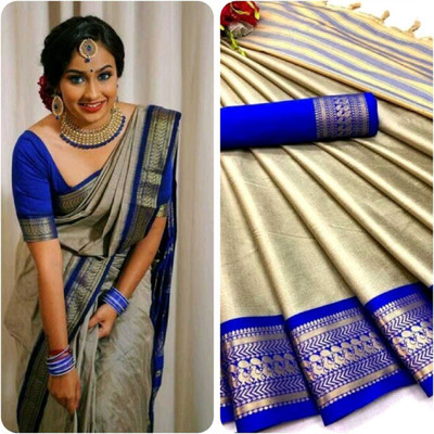 MY LOFY Woven Banarasi Cotton Silk Saree(Beige)