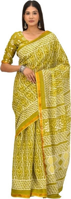 Tropwear Printed Ikkat Pure Cotton Saree(Green)
