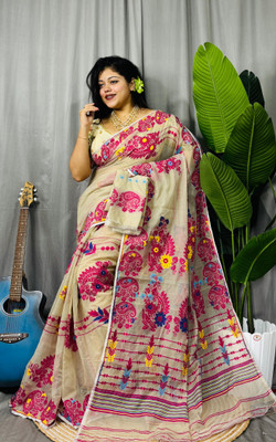 Pasum's Self Design, Hand Painted Jamdani Cotton Silk, Pure Cotton Saree(Pink, Magenta)