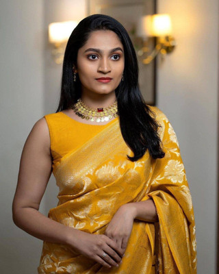 Bhavya Fashion Self Design Banarasi Jacquard Saree(Yellow)