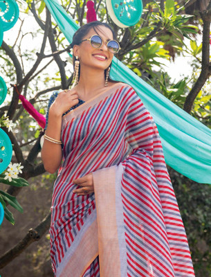 ZILVIRA Floral Print Bollywood Cotton Linen Saree(Grey)