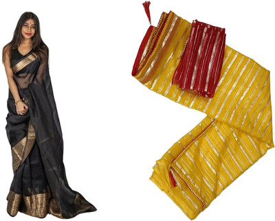 GoVika Striped Bollywood Organza Saree(Pack of 2, Multicolor)