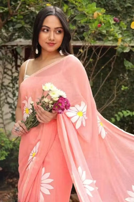 PRANJAL ART Floral Print Bollywood Cotton Linen Saree(Pink)