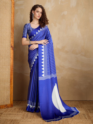 sareya veela Printed, Geometric Print Bollywood Satin Saree(Blue)