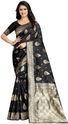 RJTAJ FAB Woven, Color Block Banarasi Pure Silk, Jacquard Saree(Black)