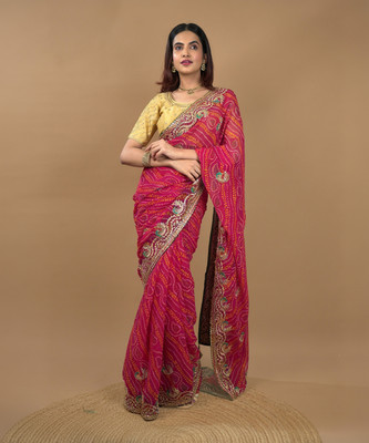 Hella Fashions Dyed Bandhani Georgette Saree(Maroon)