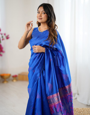 Samah Woven Banarasi Silk Blend Saree(Blue, Gold)