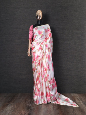 Fabian Fashion Self Design, Floral Print, Printed, Digital Print Bollywood Satin Saree(White, Pink)
