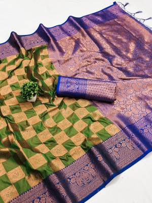 Spetila Woven, Checkered, Embellished Banarasi Pure Silk, Art Silk Saree(Light Green)