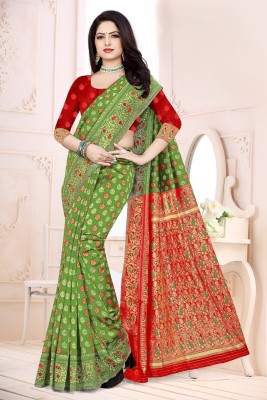 Bhavika Trading Printed Banarasi Silk Blend Saree(Green, Red)