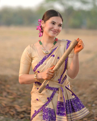 Sheden Lopez Creation Self Design Mekhela Chador Silk Blend Saree(Cream)