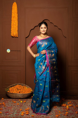 ARDHANGINI DESIGNS Floral Print, Woven Handloom Cotton Silk Saree(Blue, Dark Blue)
