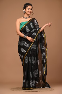 LOVWEAR Printed, Blocked Printed, Color Block, Floral Print, Hand Painted Ikkat Pure Cotton Saree(Black)