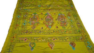 Drapify Embroidered, Self Design Kantha Raw Silk Saree(Light Green)