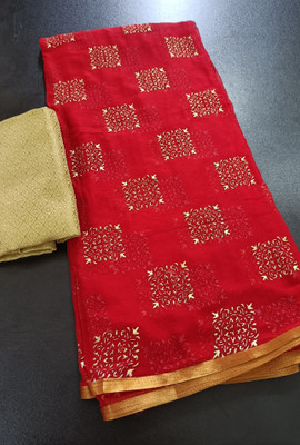 Desi Style Self Design Bollywood Velvet, Chiffon Saree(Red)
