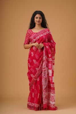 Tropwear Printed Ikkat Cotton Linen Saree(Pink)