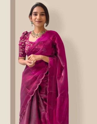 KHIMAJMAAFASHION Solid/Plain, Dyed, Applique Bollywood Organza Saree(Pink)