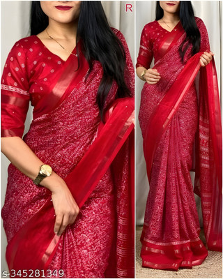 Amavii Printed Bollywood Cotton Blend Saree(Red)