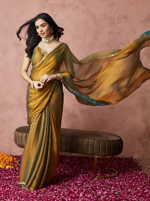 HK SHOPEE Solid/Plain Bollywood Chiffon Saree(Gold)