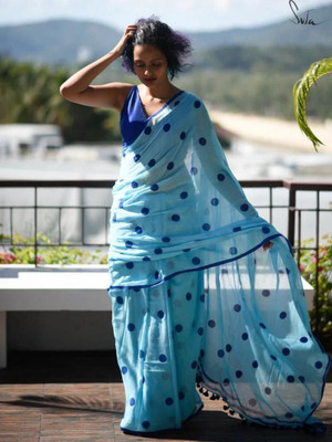 Amita Collections Printed Daily Wear Pure Cotton Saree(Light Blue)