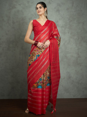 Divastri Printed Hand Batik Cotton Blend Saree(Red)
