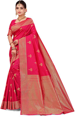BuyNests Woven, Floral Print, Temple Border Kanjivaram Silk Blend Saree(Pink)
