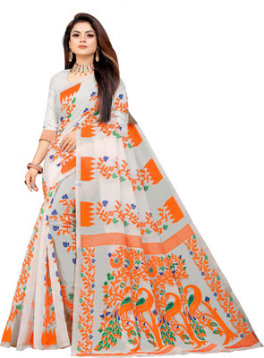 Vedant Vastram Floral Print Jamdani Pure Cotton Saree(White)