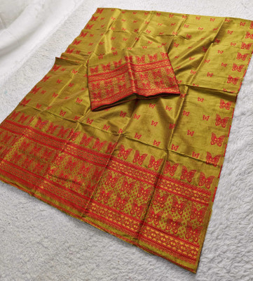 Skiran's Printed Mekhela Chador Cotton Blend Saree(Mustard)