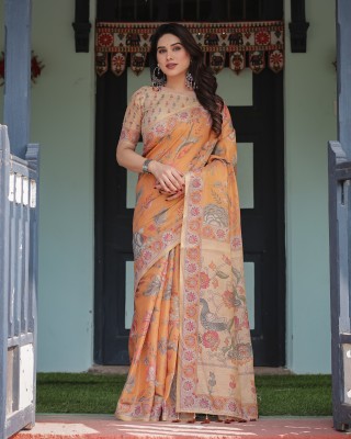 ALMAARI FASHION Hand Painted Daily Wear Cotton Linen Saree(Orange)