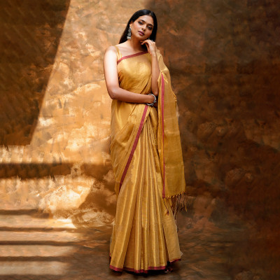 Teejh Solid/Plain Bollywood Tissue Saree(Gold)