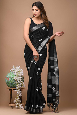 VastraNest Printed, Tie-Dye Daily Wear Cotton Linen Saree(Black, Silver)