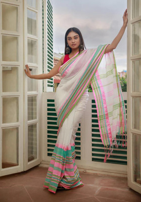 Balika bodhu Self Design Handloom Pure Cotton Saree(White, Multicolor)