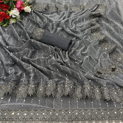 S.R.TEXTILES Embellished Bollywood Lycra Blend Saree(Grey)