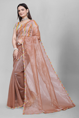 RADHE ENTERPRISE Embroidered Bollywood Net Saree(Brown)