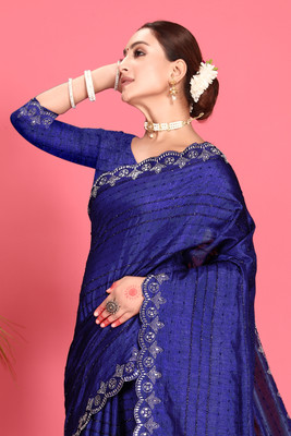 DS Creations Striped, Embellished, Embroidered Bollywood Georgette Saree(Blue)