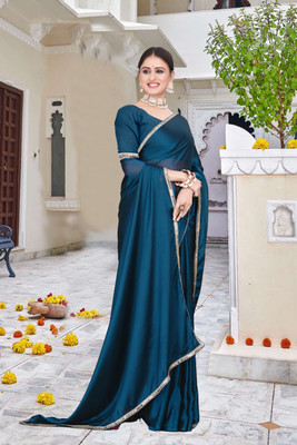 K D F Solid/Plain Bollywood Satin Saree(Blue)