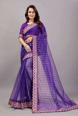 RUCHKET Embroidered Bollywood Net Saree(Pack of 2, Purple)