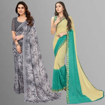 Anand Sarees Floral Print, Polka Print, Ombre, Printed Bollywood Georgette Saree(Pack of 2, Beige, Light Blue, Grey)