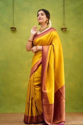 Handsel Woven, Checkered Kanjivaram Jacquard, Silk Blend Saree(Gold, Purple)