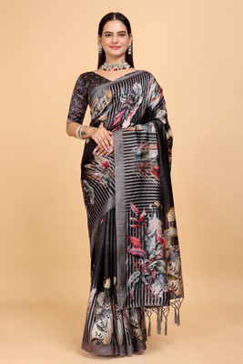 Mugdarra Floral Print Daily Wear Cotton Silk Saree(Black)