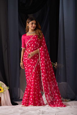 Disha Fashion Printed Bandhani Georgette Saree(Pink)