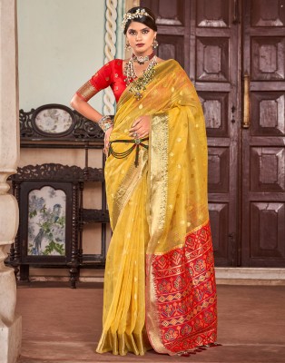 Samah Self Design, Woven, Embellished Banarasi Cotton Silk, Silk Blend Saree(Yellow, Red, Gold)